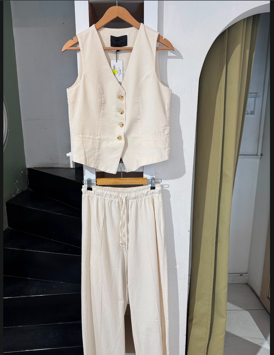 Keten Yelekli Takım / Krem / M-XL