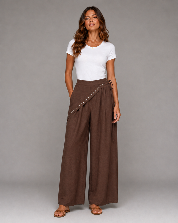 Beli Fularlı Bol Paça Pantolon - Sarı